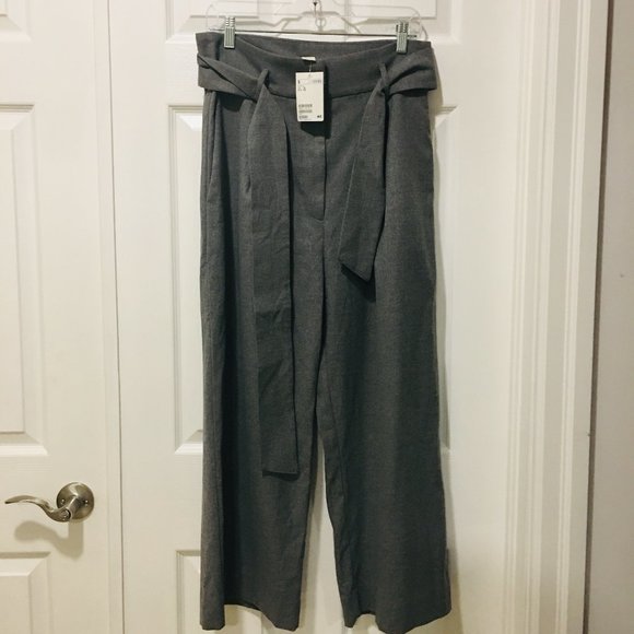 H&M NWT 12 Grey wideleg belted high faux wool pant - Picture 1 of 6